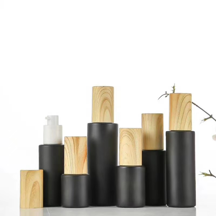 frosted black glass Cosmetic Jar With Bamboo style plastic Lids