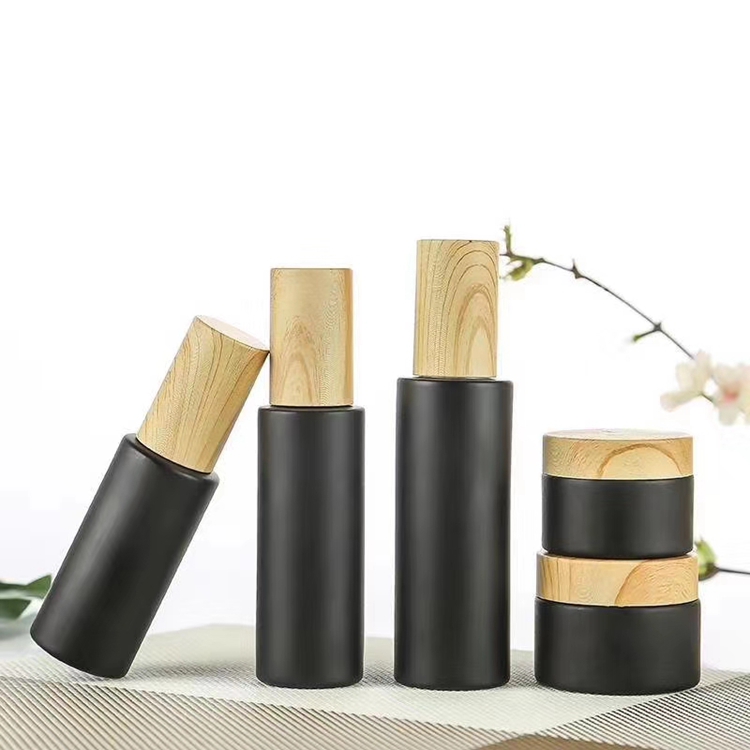 frosted black glass Cosmetic Jar With Bamboo style plastic Lids
