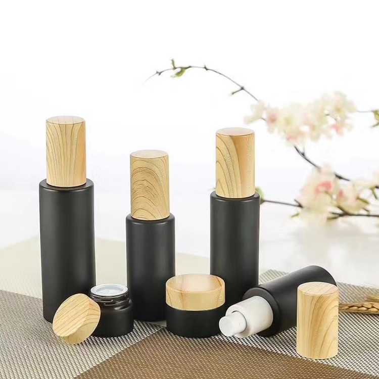 frosted black glass Cosmetic Jar With Bamboo style plastic Lids