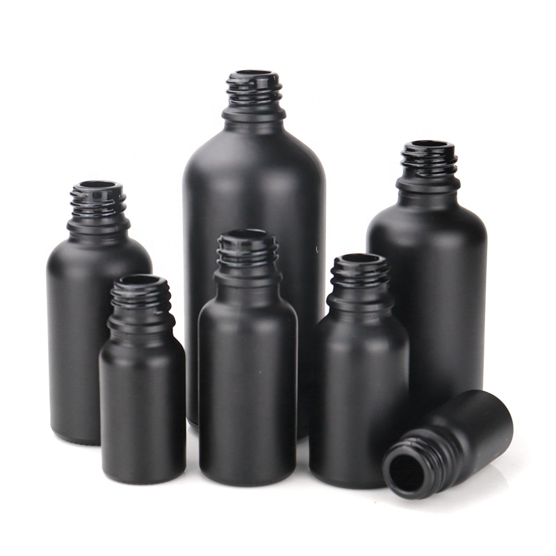 frosted black glass bottle 5 ml 10 ml 15 ml 30 ml matte black glass essential oil bottles with water transfer wooden dropper