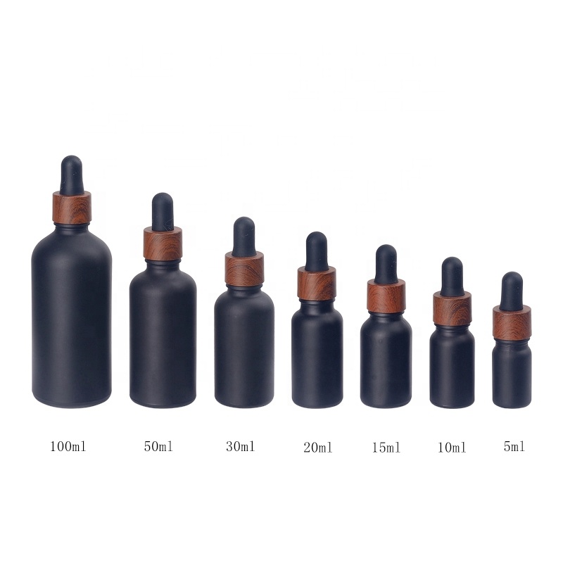 frosted black glass bottle 5 ml 10 ml 15 ml 30 ml matte black glass essential oil bottles with water transfer wooden dropper