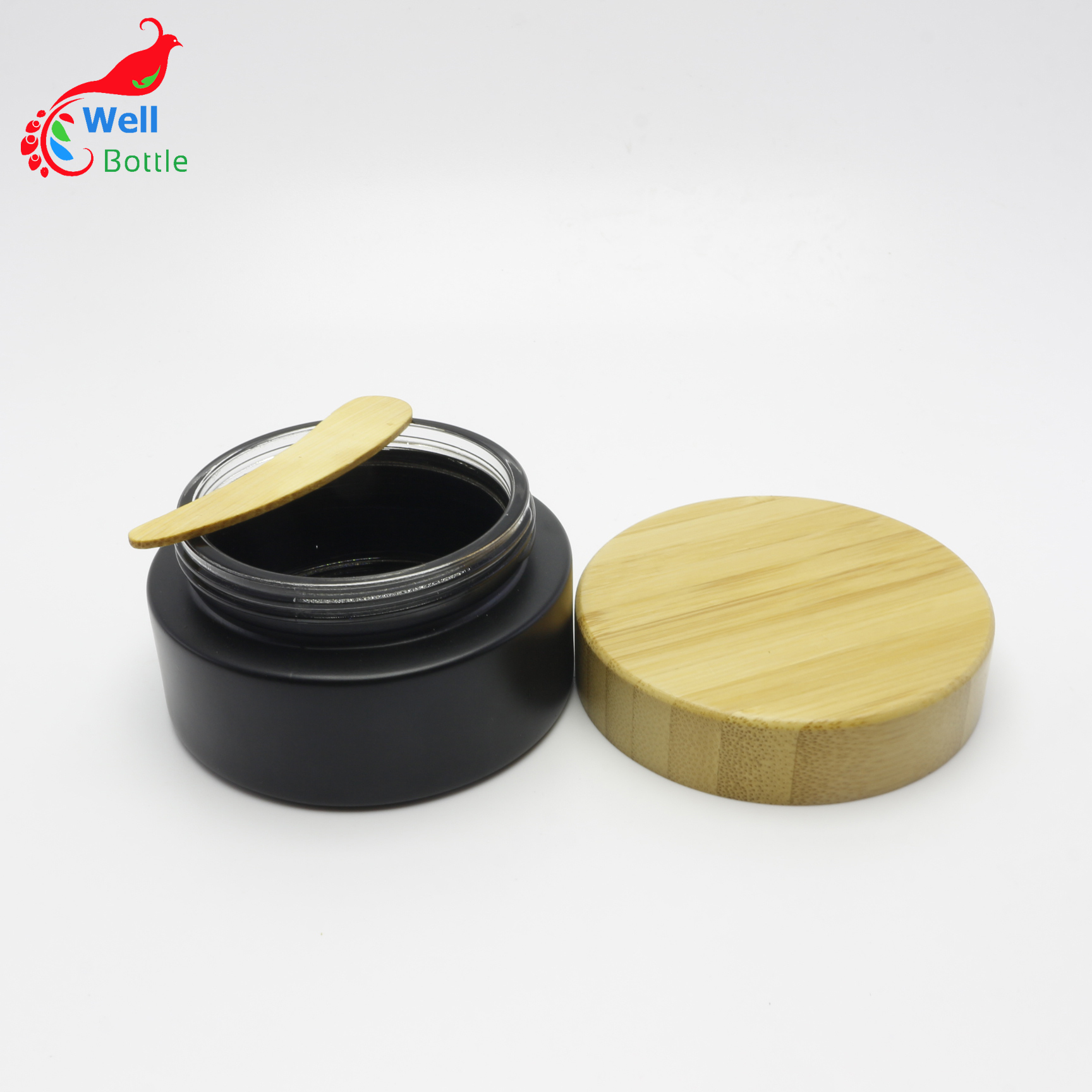 frosted black glass cream cosmetic jar 100g gel glass jar with bamboo lid J162E