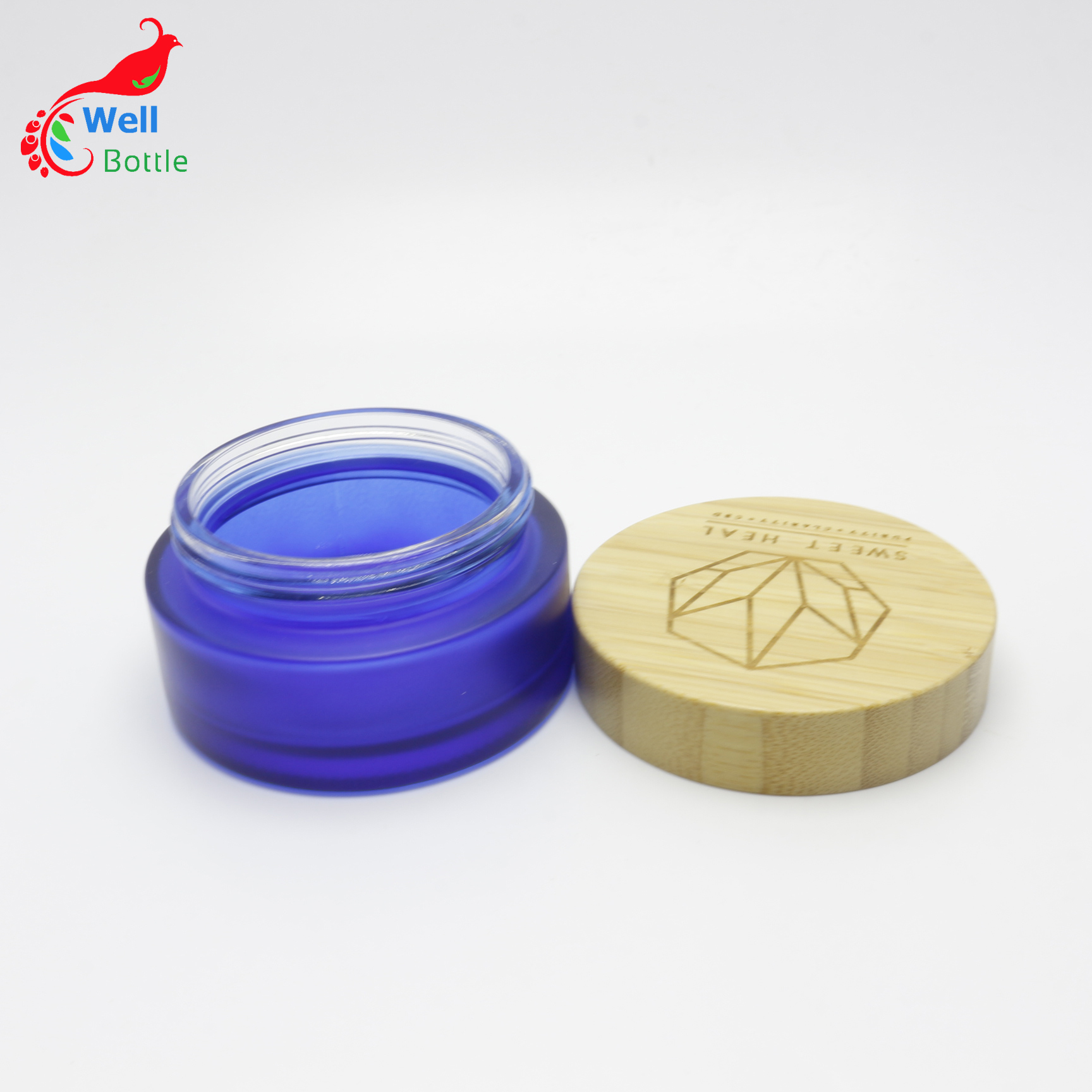 frosted blue glass jar wood lid 50g empty cosmetic glass jars face cream empty glass container J132E