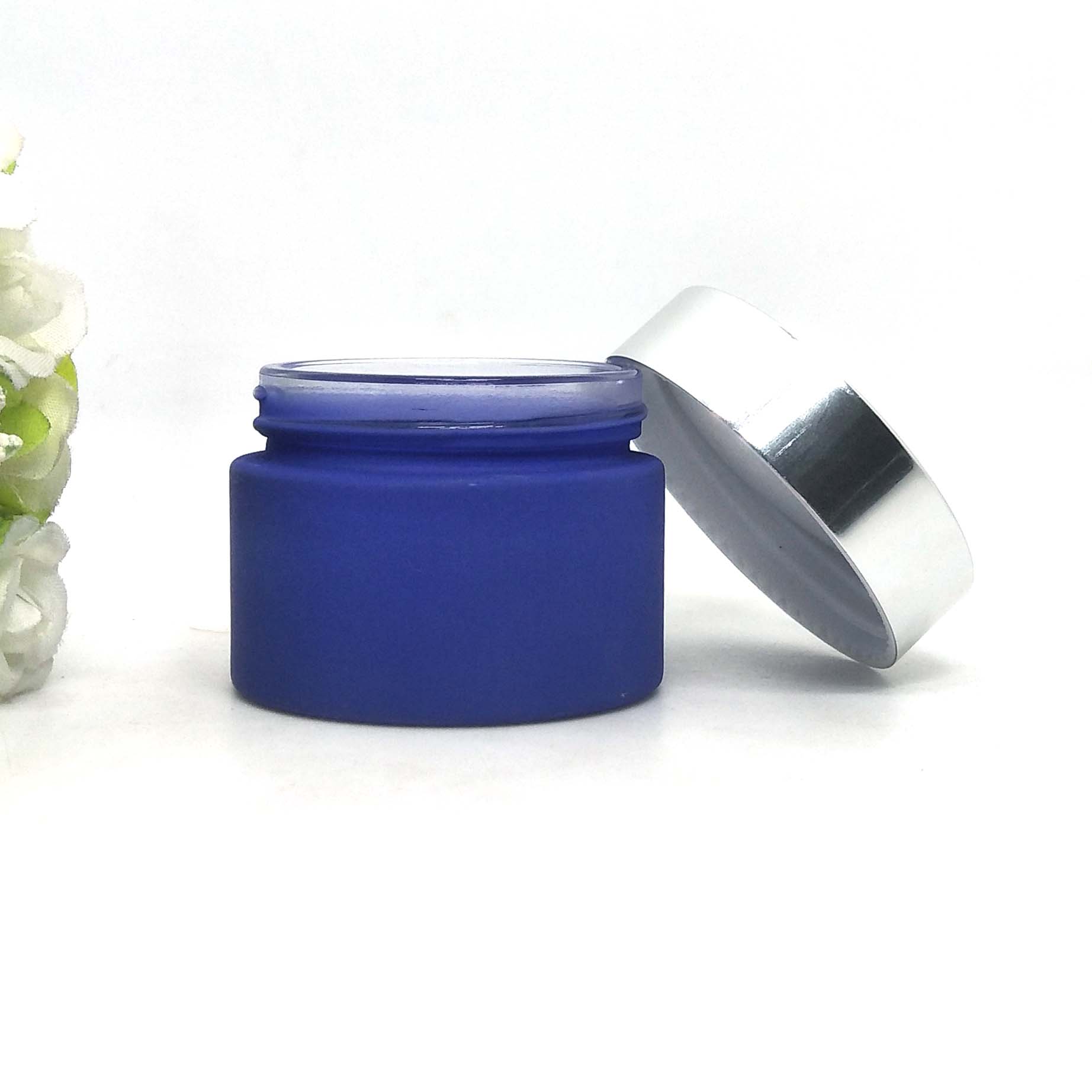 frosted blue opal glass jars round ceramic cosmetic cream glass jar 50g with aluminum silver lid
