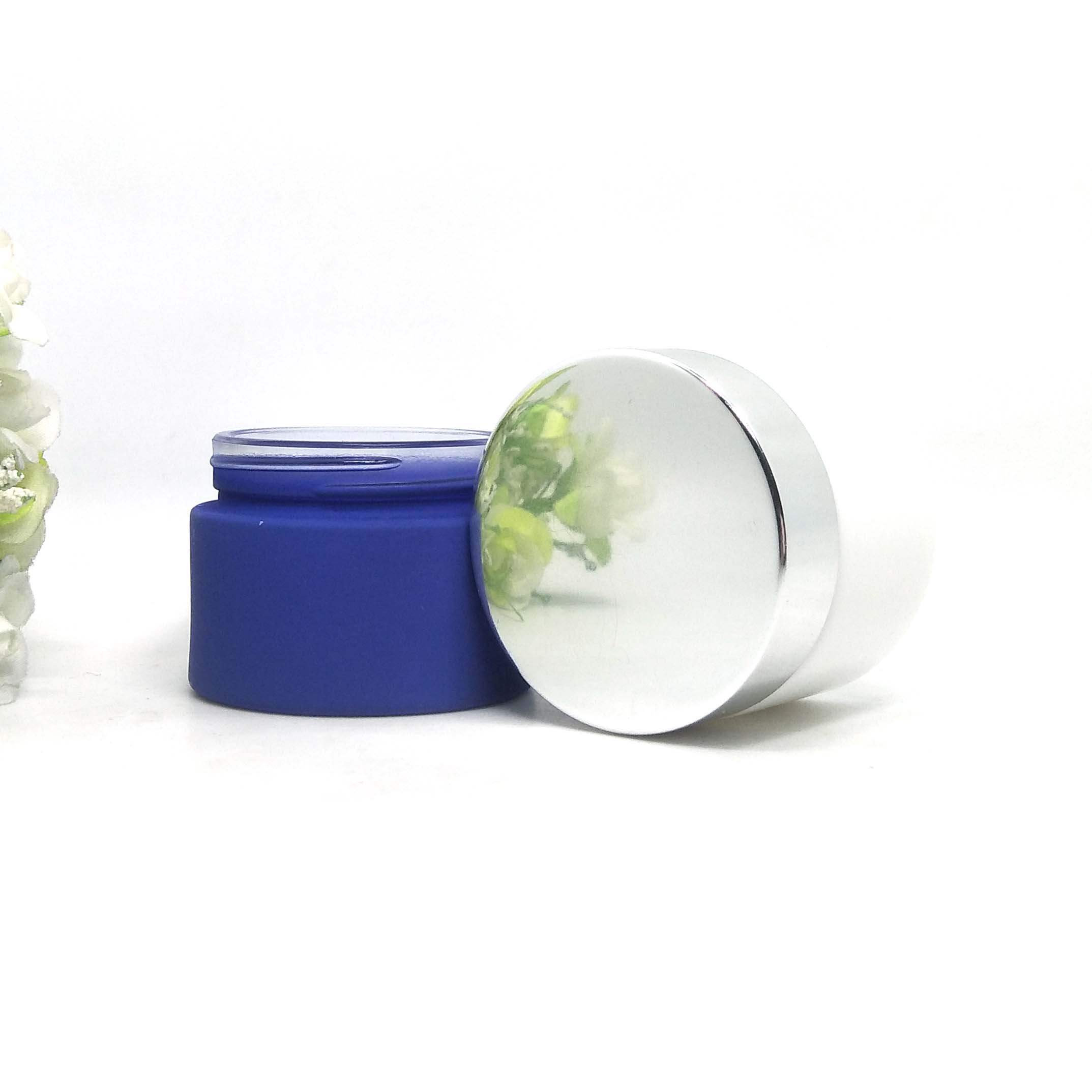 frosted blue opal glass jars round ceramic cosmetic cream glass jar 50g with aluminum silver lid