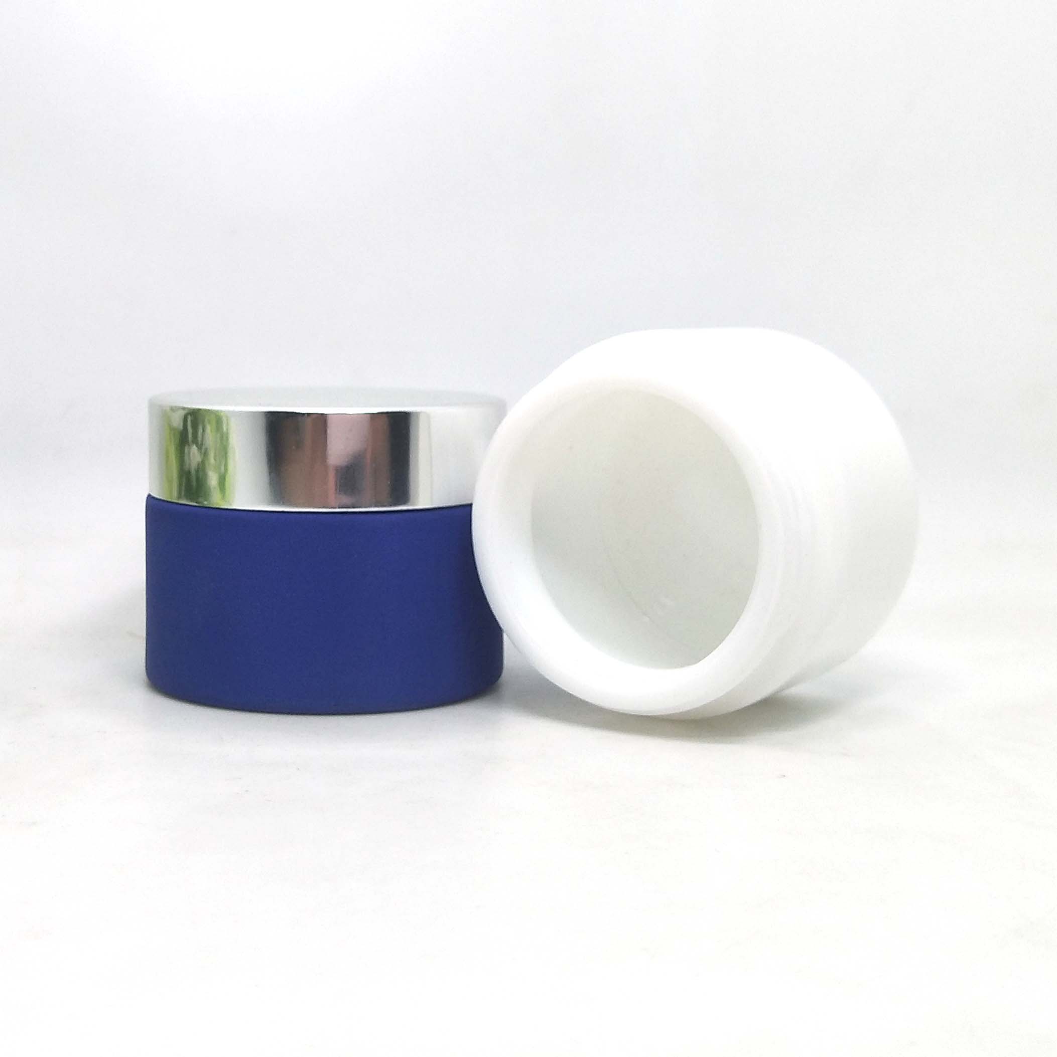 frosted blue opal glass jars round ceramic cosmetic cream glass jar 50g with aluminum silver lid