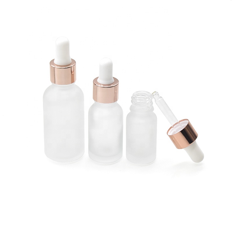 frosted clear cosmetic dropper bottle 5ml 10ml 15ml 20ml 30ml 50ml 100ml glass essential oil bottle with dropper rose gold cap