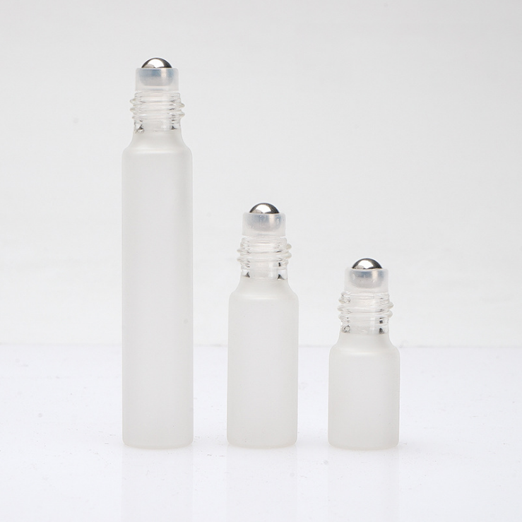 frosted  clear roll on glass 3ml 5ml 10ml roller bottle with  white gold silver aluminum cap