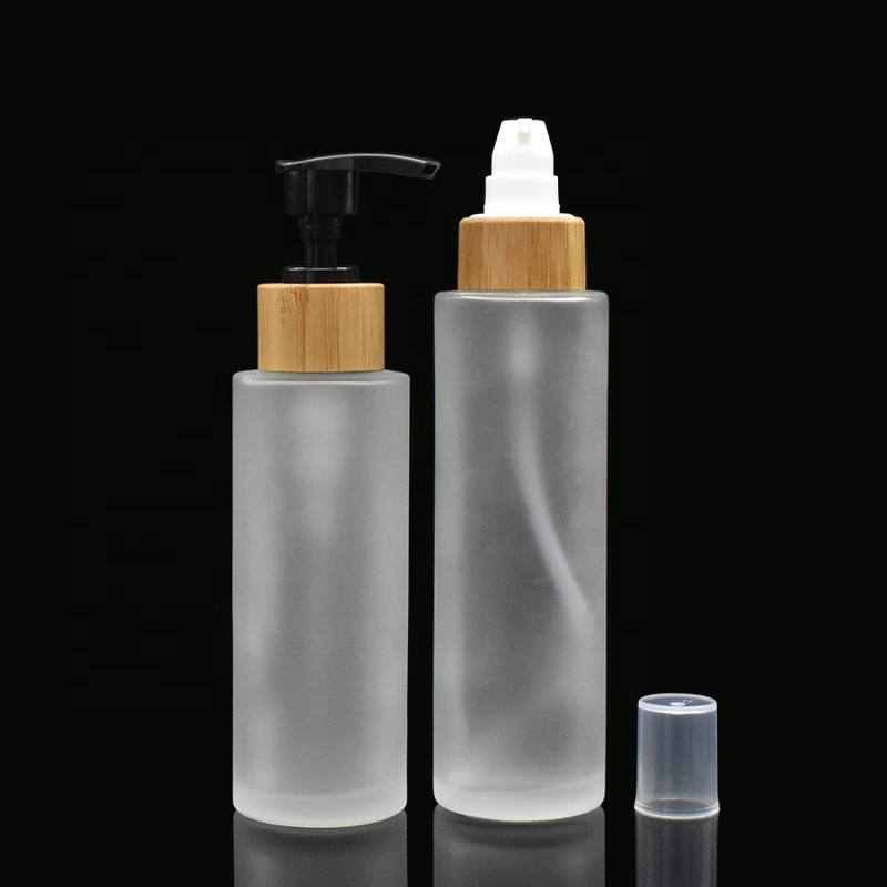 frosted glass bottles 30ml 50ml flat shoulder glass bottles 100ml 120ml with bamboo pump cap for lotion shampoo