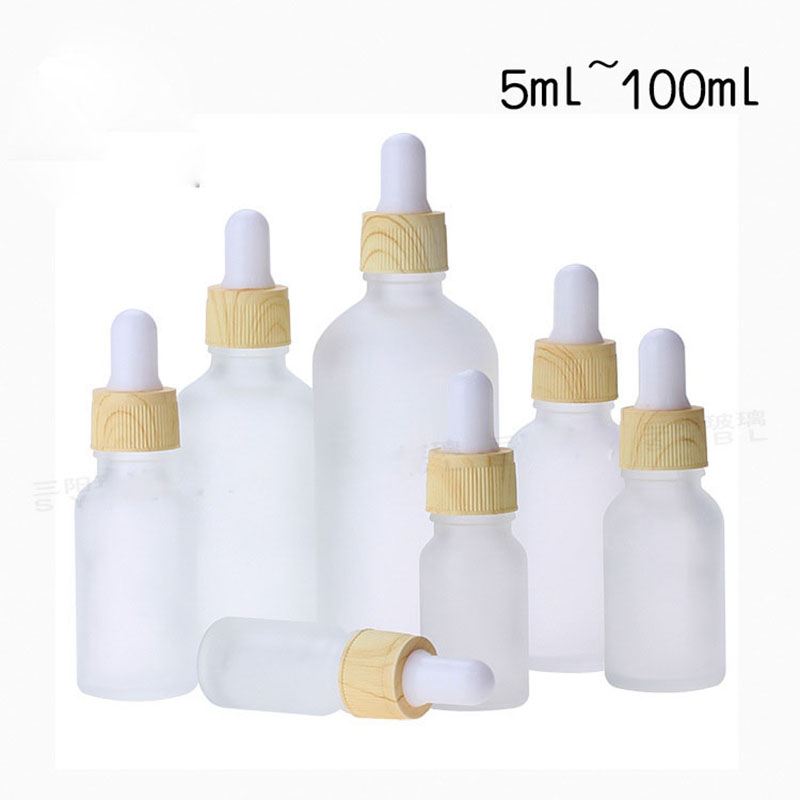 frosted glass dropper essential oil bottle plastic water transfer wood grain lid white silicone top 5ml 10ml 15ml 30ml 50ml