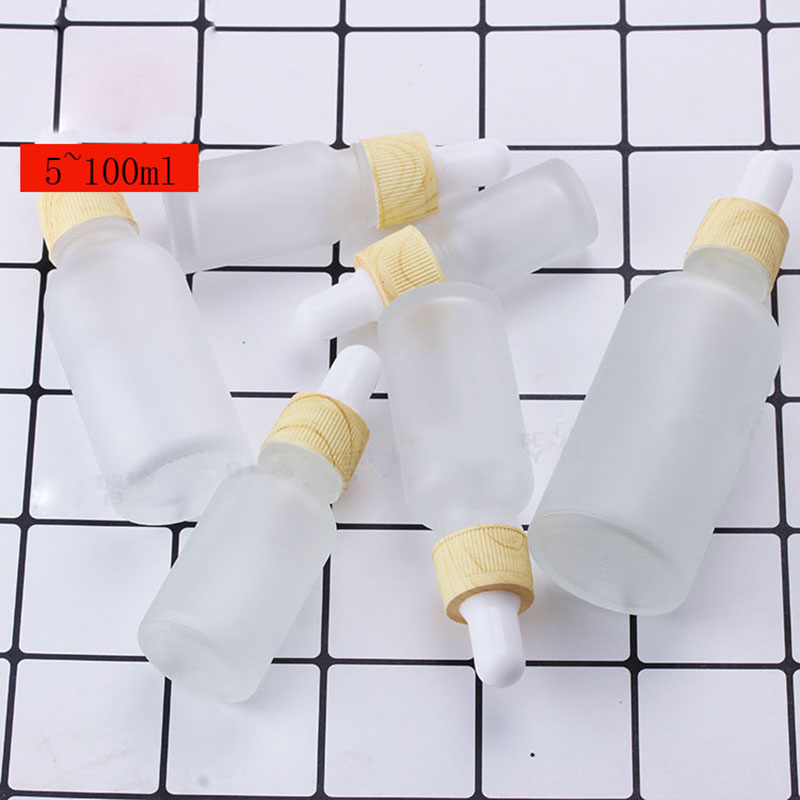frosted glass dropper essential oil bottle plastic water transfer wood grain lid white silicone top 5ml 10ml 15ml 30ml 50ml