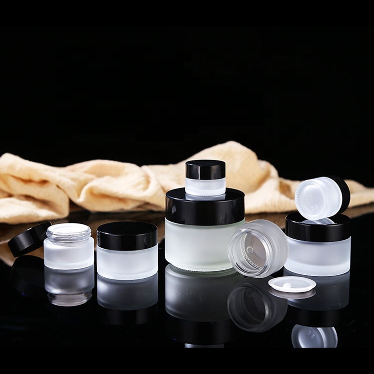 frosted glass jar 5g 10g 20g 30g 50g black aluminum lid empty cosmetic glass jars 20ml 30 ml 50ml face cream empty glass jar