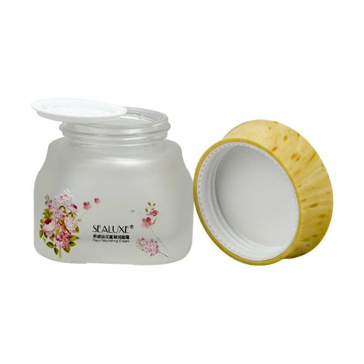 frosted glass jar cosmetic 50g custom applique cosmetic jar packaging square frosted cosmetic jar with plastic cap