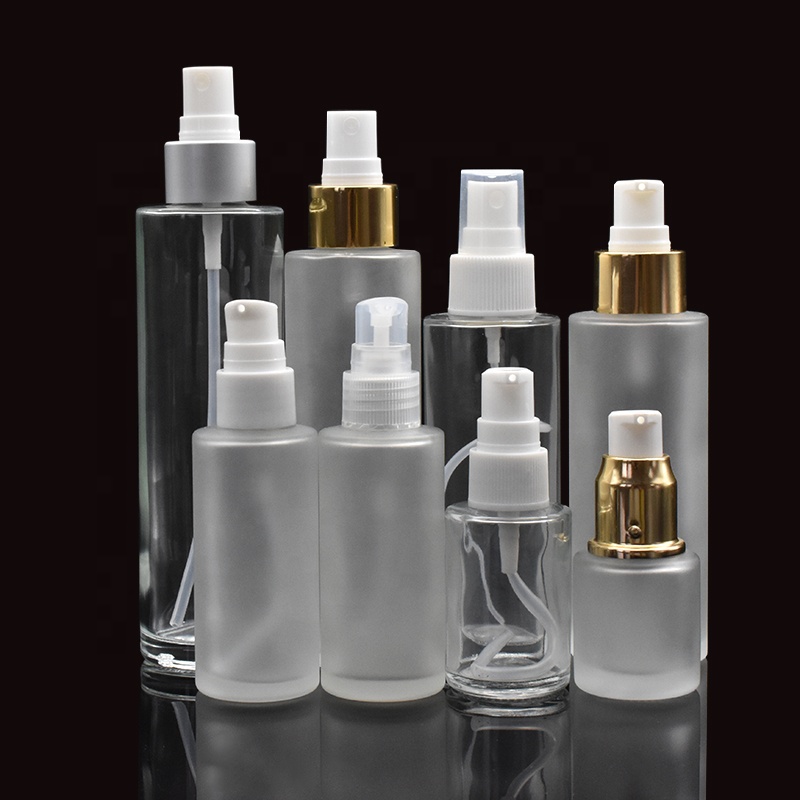 frosted glass pump lotion bottle 10ml 20ml 30ml 50ml 100ml 120ml 150ml clear flat shoulder glass spray bottle for cosmetic