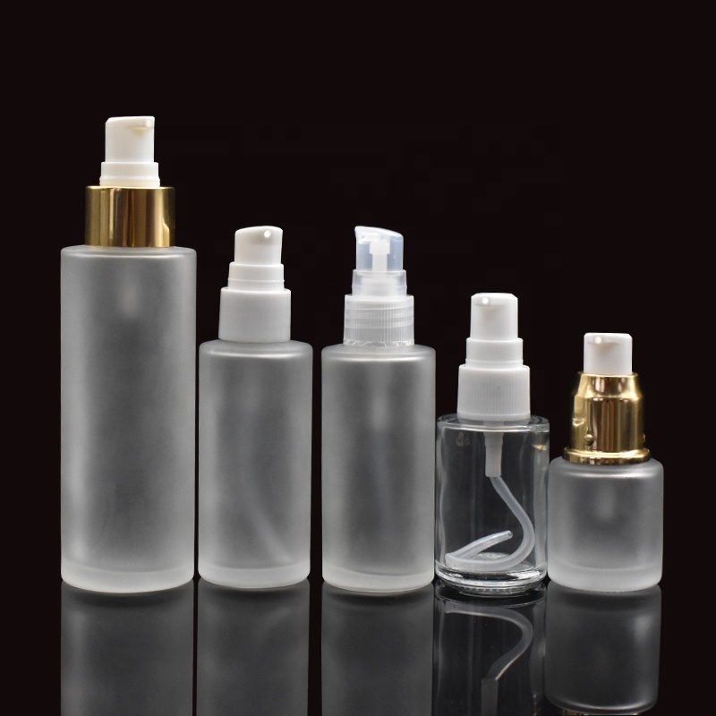 frosted glass pump lotion bottle 10ml 20ml 30ml 50ml 100ml 120ml 150ml clear flat shoulder glass spray bottle for cosmetic