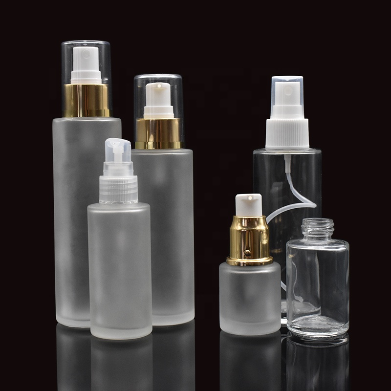 frosted glass pump lotion bottle 10ml 20ml 30ml 50ml 100ml 120ml 150ml clear flat shoulder glass spray bottle for cosmetic