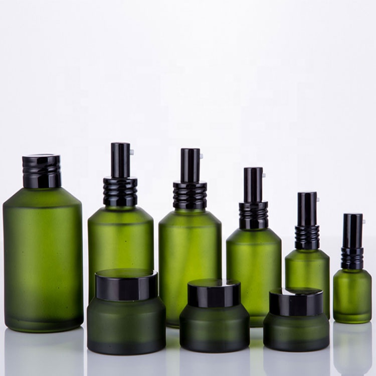 frosted packaging cosmetic bottle matte green cosmetic spray pump bottle