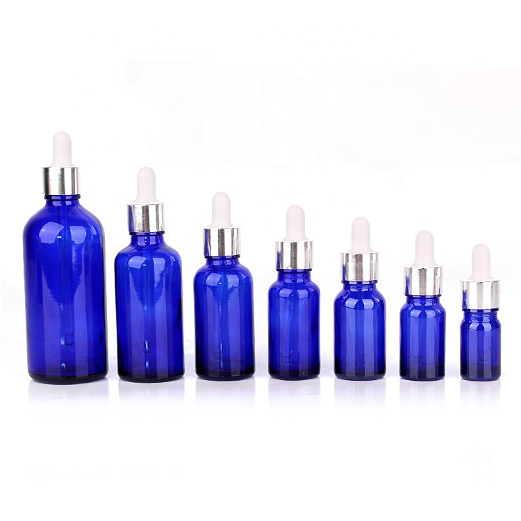 full size 15ml 30ml 50ml 100ml blue color Glass Essential Oil dropper bottle with silver lid