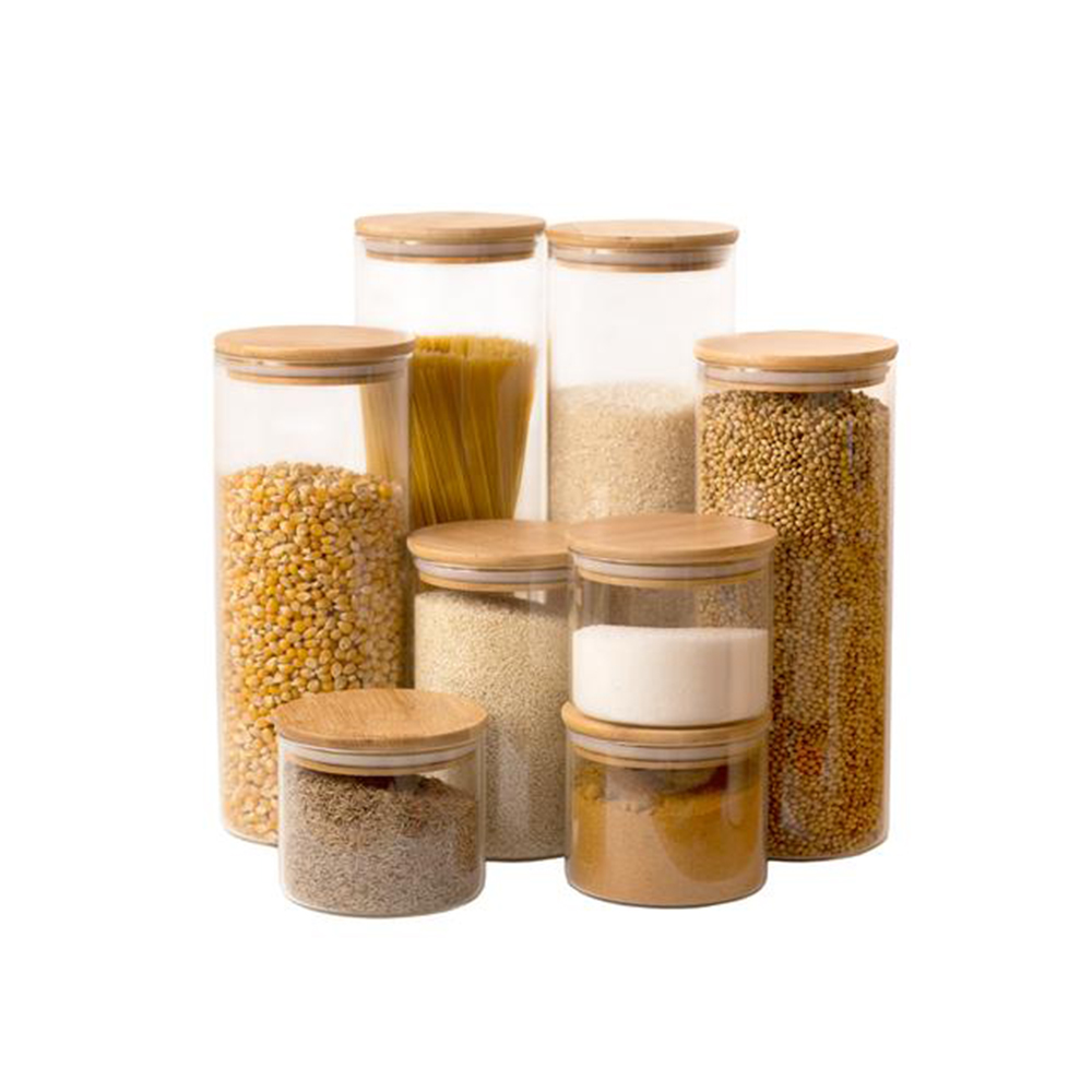 glass canister with bamboo lid / glass jar containers with lids / small glass storage jars