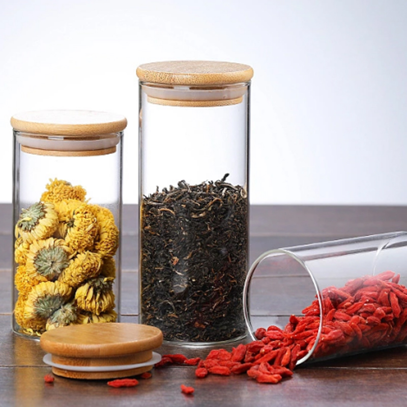 glass canister with bamboo lid / glass jar containers with lids / small glass storage jars