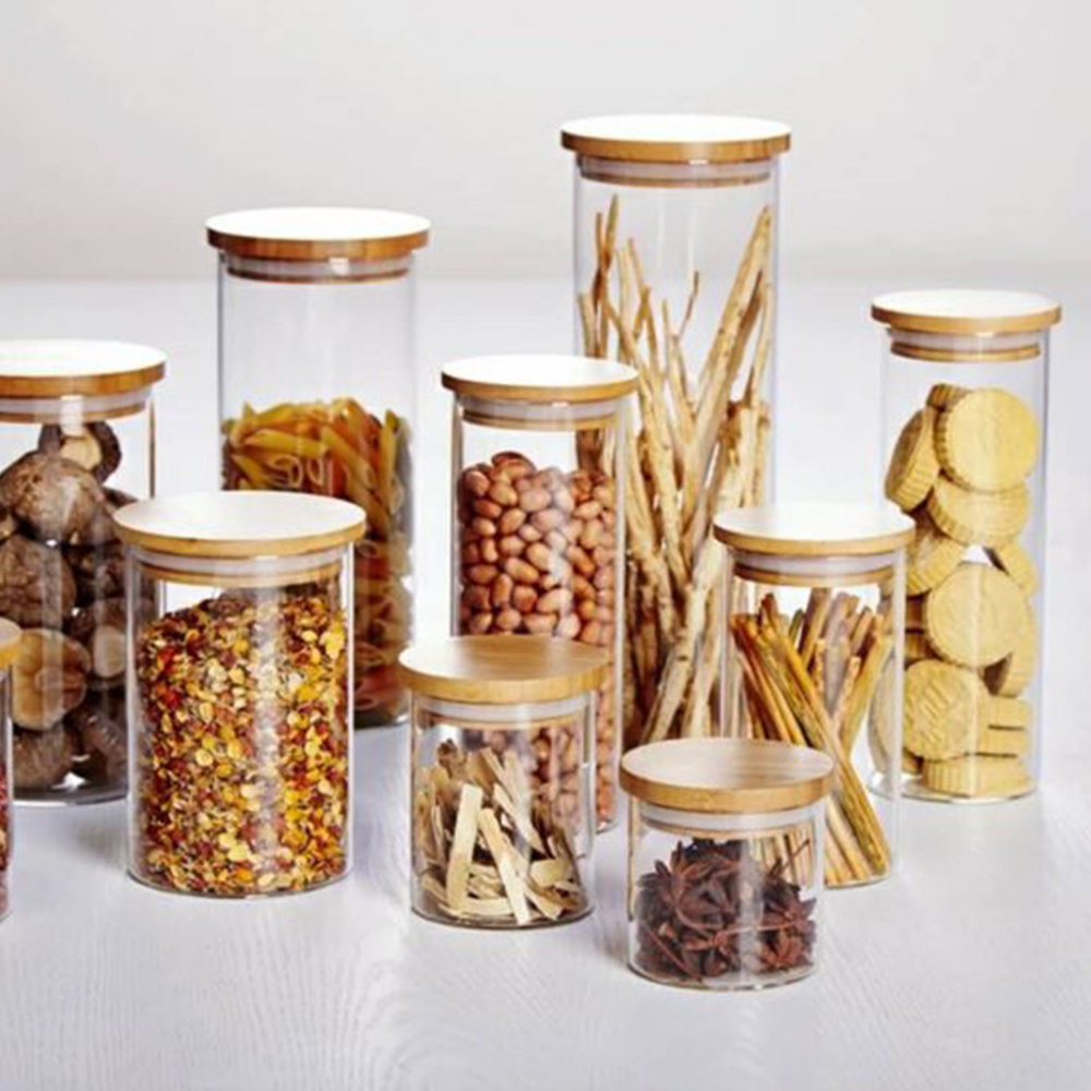 glass container with bamboo lid / hermetic glass storage jars wholesale / glass storage jar set