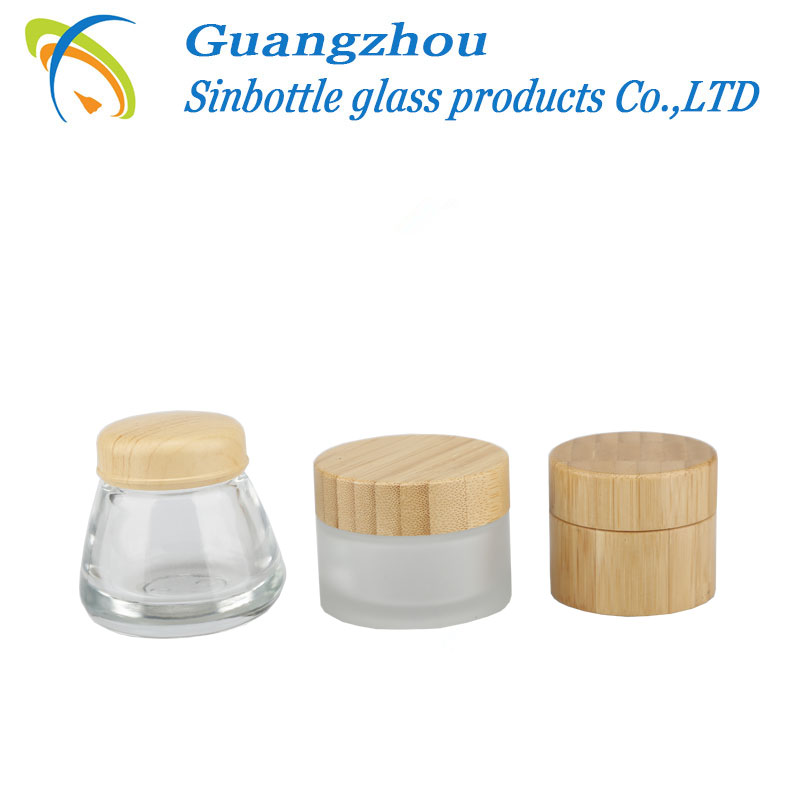 glass cosmetic Bamboo cream jars with lid