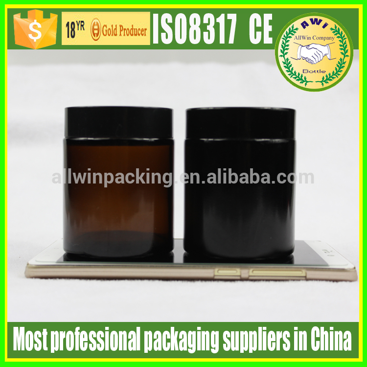 glass cream jar black with lid, Empty amber straight sided 4 oz glass jar