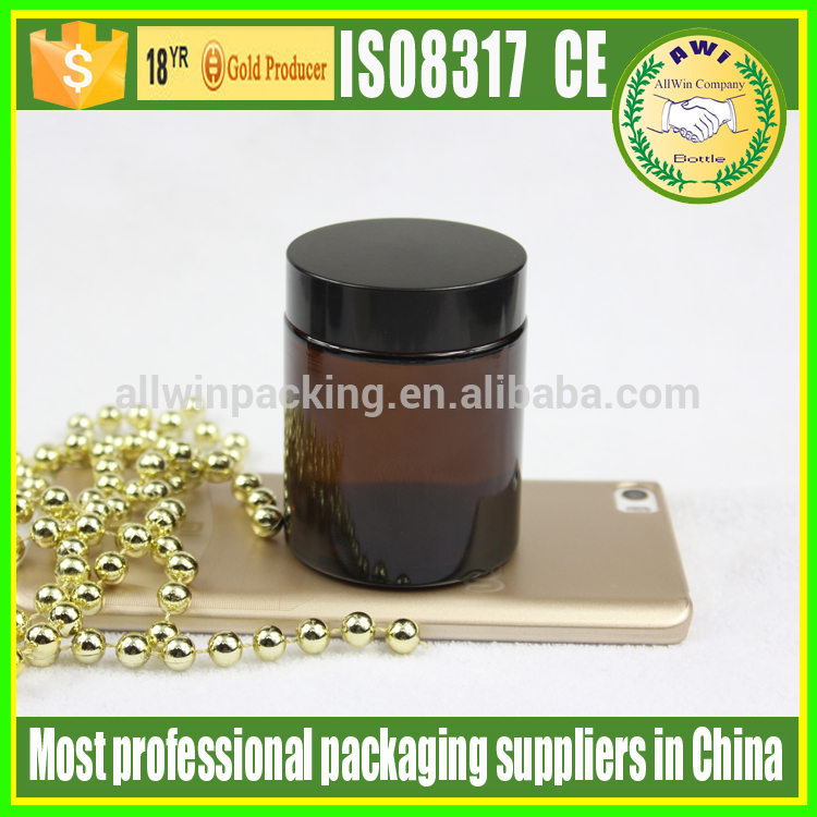 glass cream jar black with lid, Empty amber straight sided 4 oz glass jar