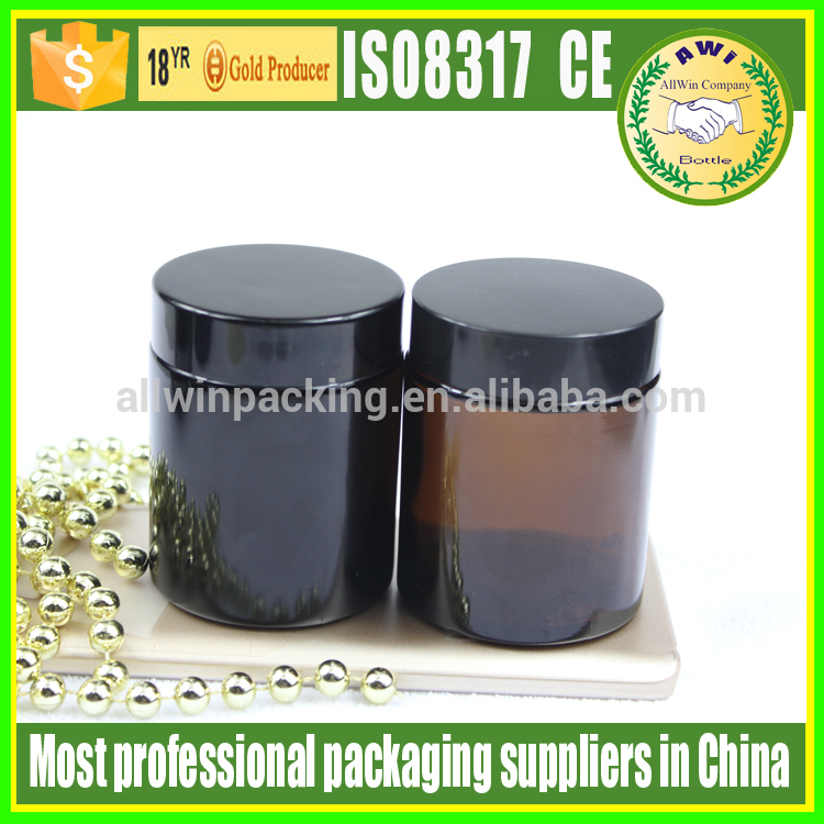 glass cream jar black with lid, Empty amber straight sided 4 oz glass jar