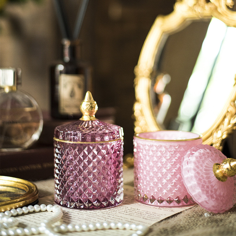 glass diamond geo cut shaped jar for candle making with glass lid crystal glass candy jar with lid wax container