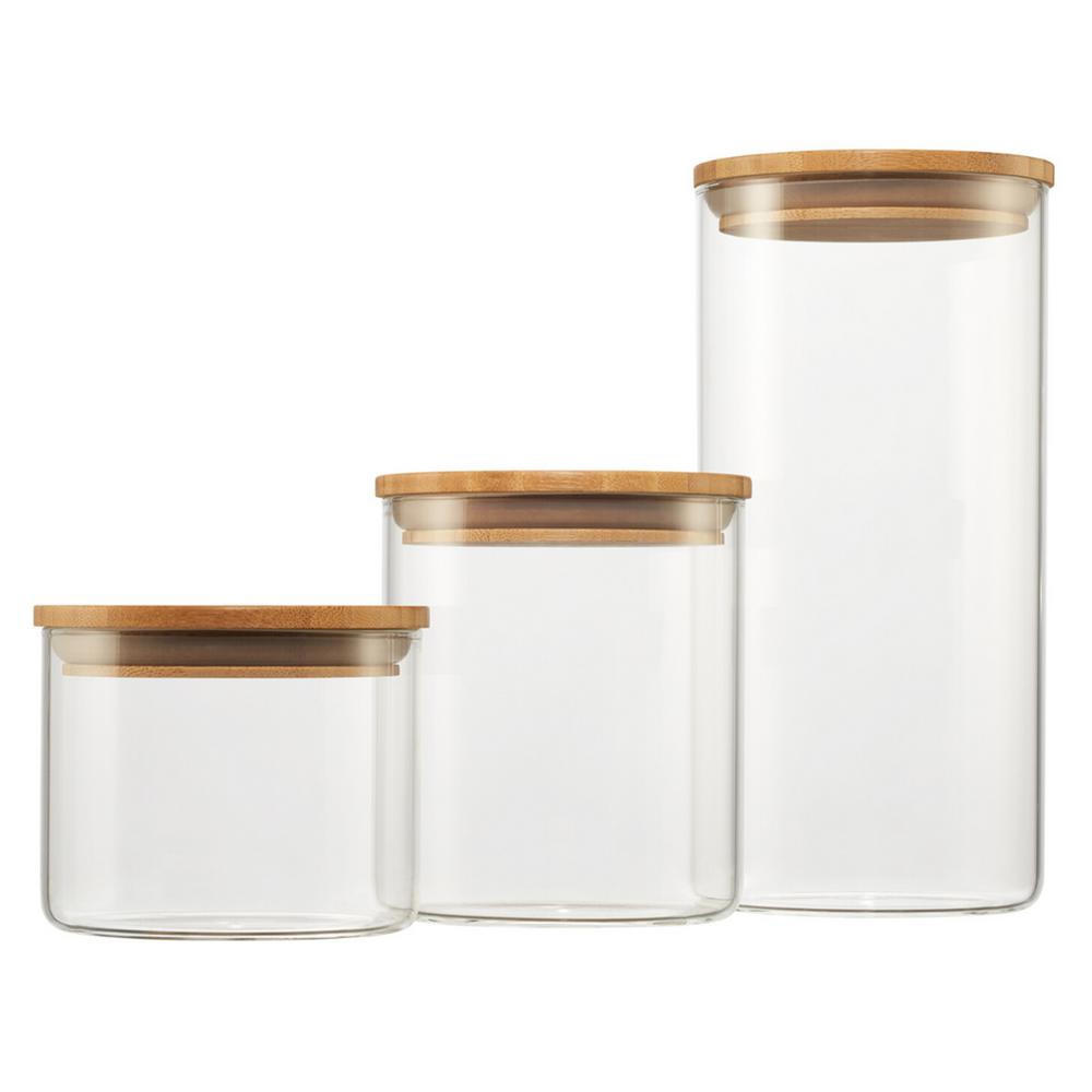 glass food storage containers / retro storage jars / glass jars with wooden lids