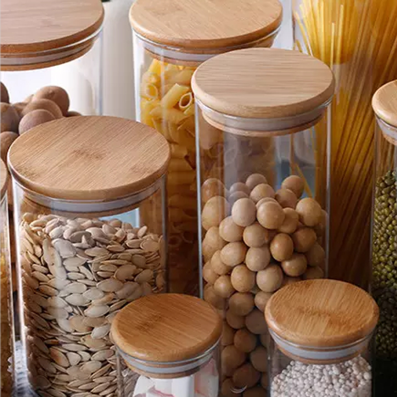 glass food storage containers / retro storage jars / glass jars with wooden lids