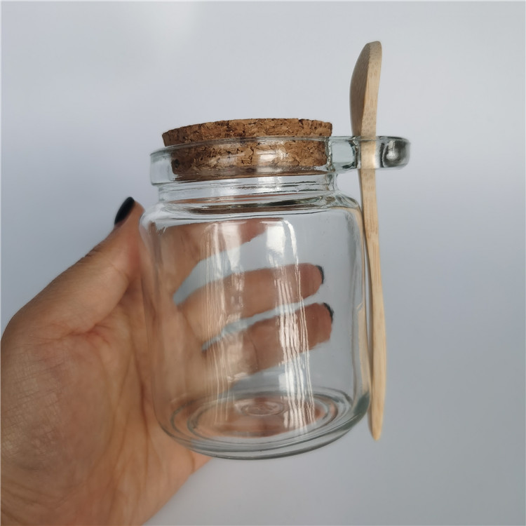 glass jar for spice and herbs storage with wooden cork lid and bamaboo spoon 250ml 100ml