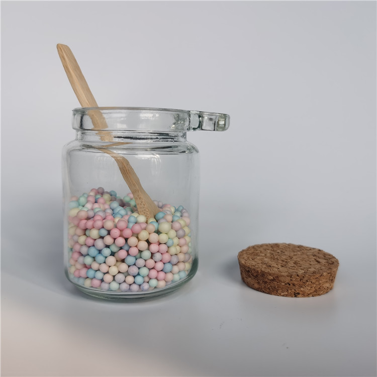 glass jar for spice and herbs storage with wooden cork lid and bamaboo spoon 250ml 100ml