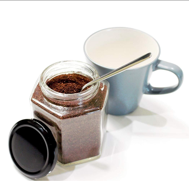 glass jar hexagon shaped glass honey with black plastisol lined lids