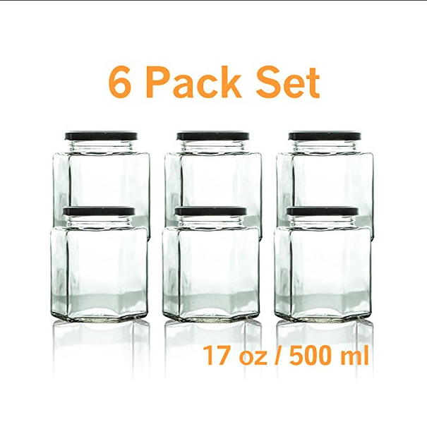 glass jar hexagon shaped glass honey with black plastisol lined lids