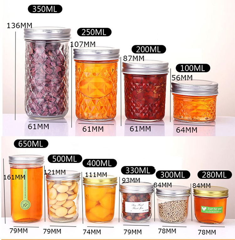 glass_jar_suppliers glass jar storage for honey bee jam Caviar chili sauce can glass mason jar with lid aluminum screw caps