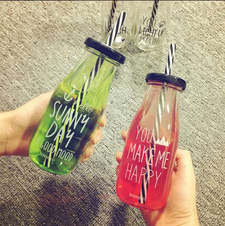 glass manufacturer packaging glass juicer bottles with straw for beverage and milk