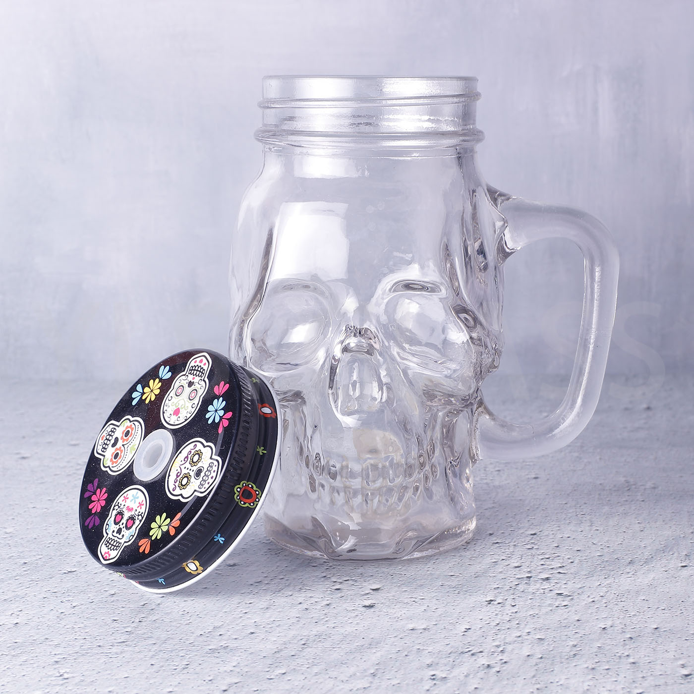 glass mason jar with handle tin lid and straw 450ml