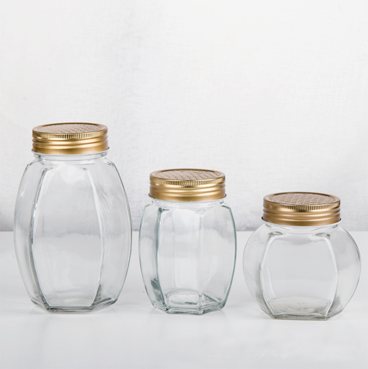glass oval hexagonal honey bee jar wholesale bottle for food storage 1000g 500g