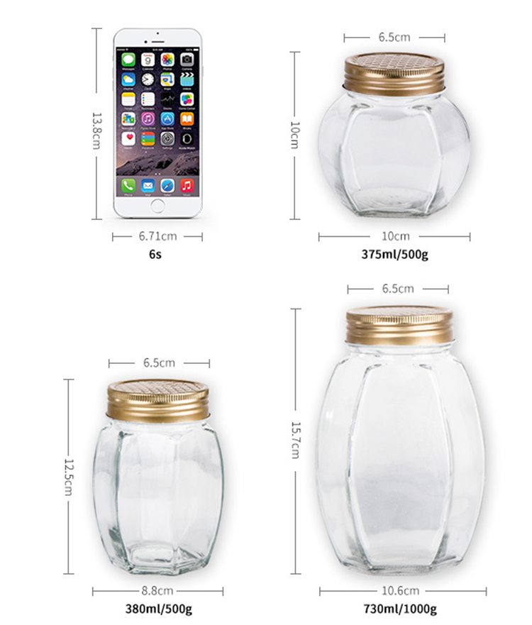 glass oval hexagonal honey bee jar wholesale bottle for food storage 1000g 500g