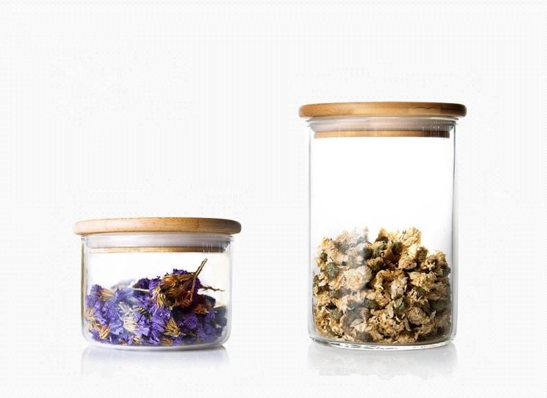 glass spice jars with wooden lids / Jasper glass storage jar / glass containers jars with bamboo lid