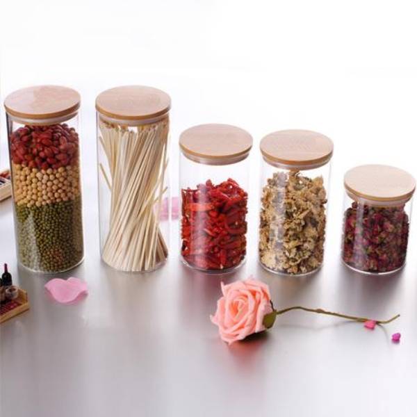 glass spice jars with wooden lids / Jasper glass storage jar / glass containers jars with bamboo lid