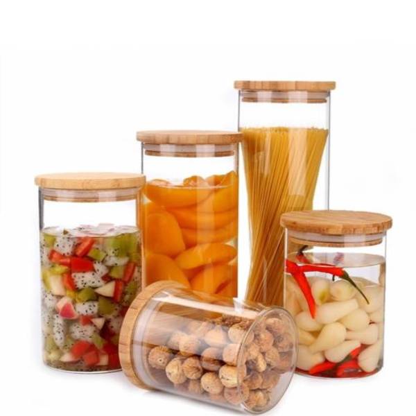 glass spice jars with wooden lids / Jasper glass storage jar / glass containers jars with bamboo lid