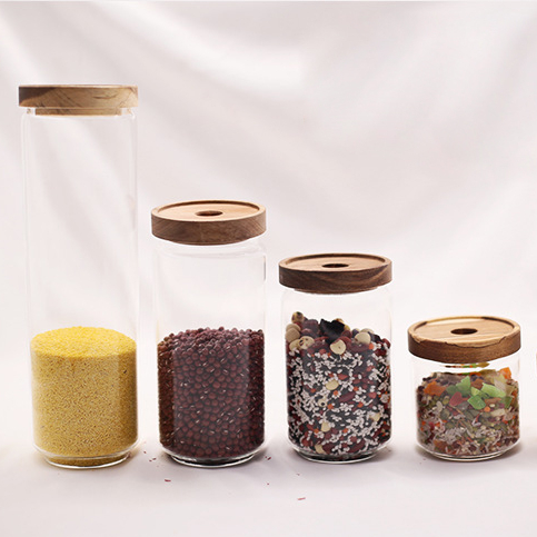 glass storage bottle jars for pickles hot sale different size clear glass fresh food nuts storage can with cork bamboo lid