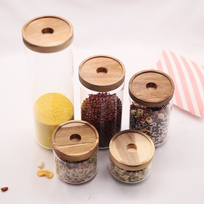glass storage bottle jars for pickles hot sale different size clear glass fresh food nuts storage can with cork bamboo lid