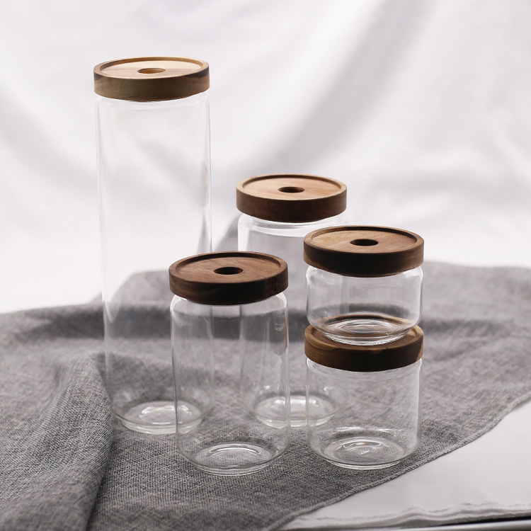 glass storage bottle jars for pickles hot sale different size clear glass fresh food nuts storage can with cork bamboo lid