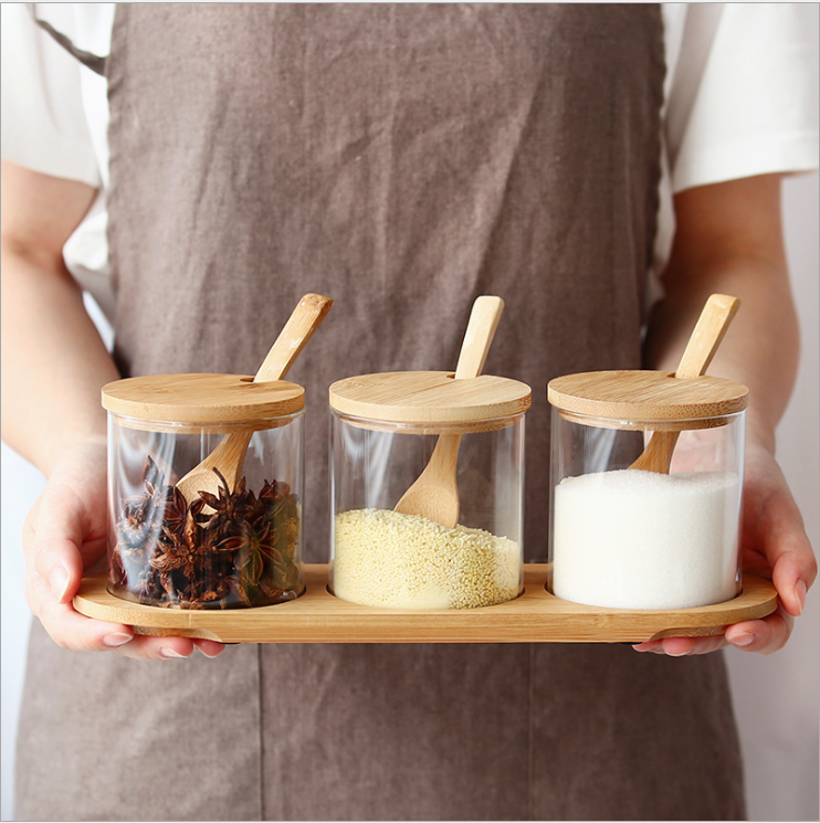 glass storage jar Kitchen Storage Glass Jar In Bulk Spice Food Glass Jar With Bamboo Lid