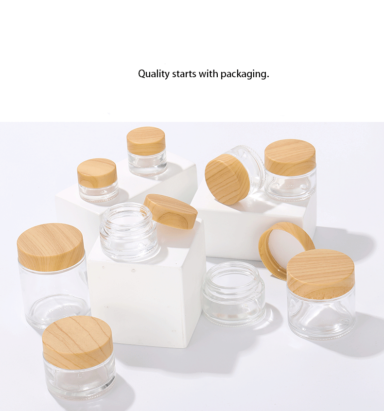 good quality luxury cosmetic round glass jar with wood lid beauty