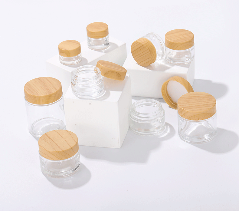 good quality luxury cosmetic round glass jar with wood lid beauty